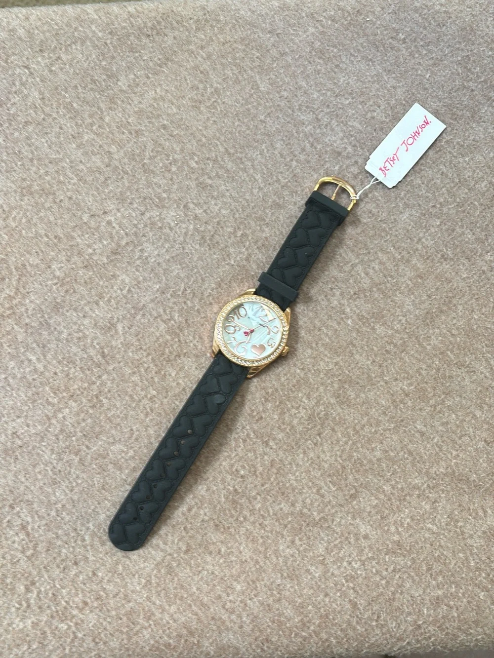 Betsey Johnson Black Quilted Heart-Pattern Watch with Gold Case
